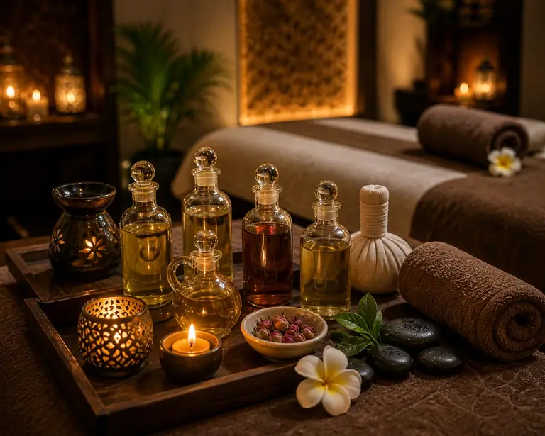 Massage oils and hot stones prepared for a deep tissue treatment in Business Bay